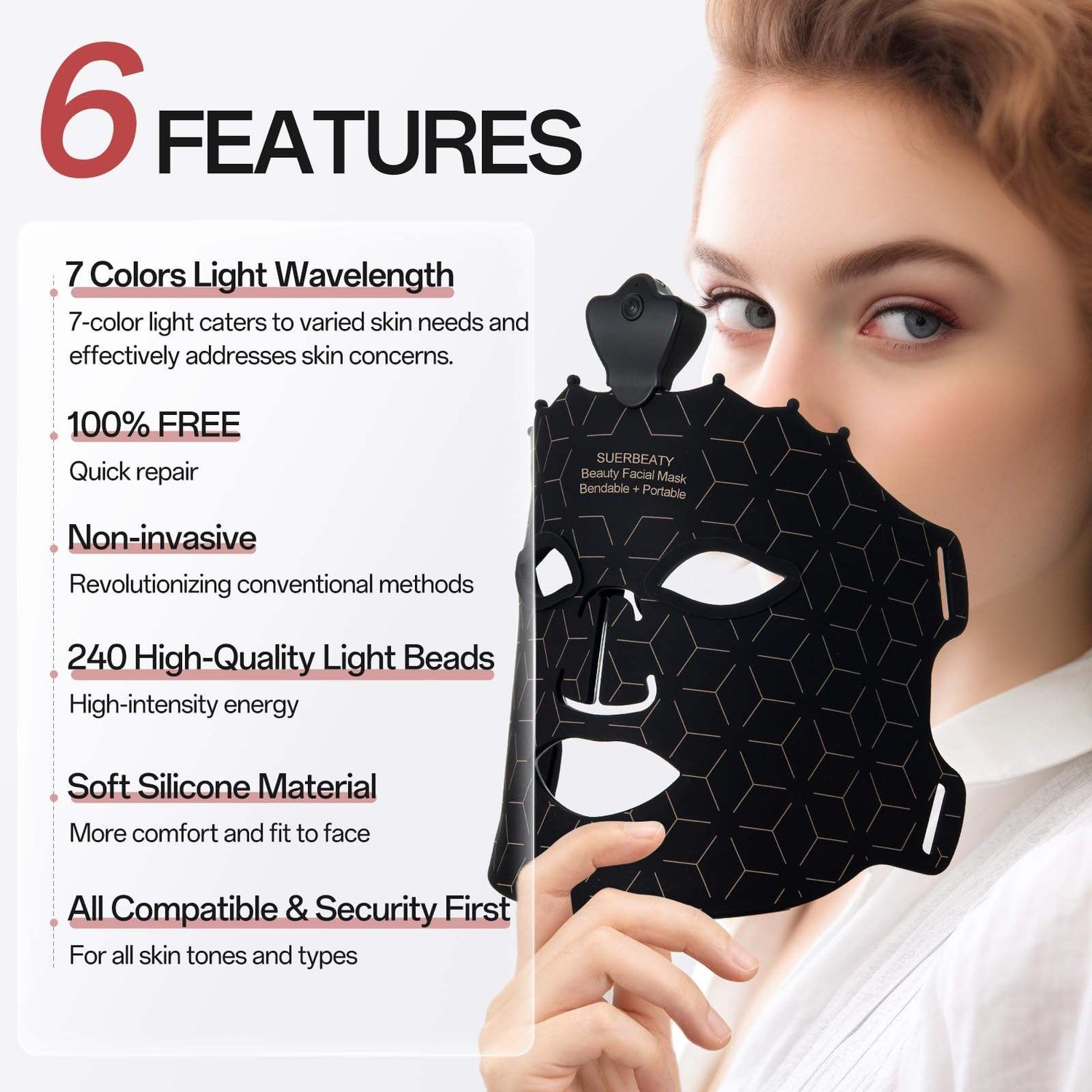 MySupplements® Masque Premium de Thérapie Lumineuse LED – Silicone, 7 Couleurs, Anti‑Âge &amp; Raffermissement de la peau